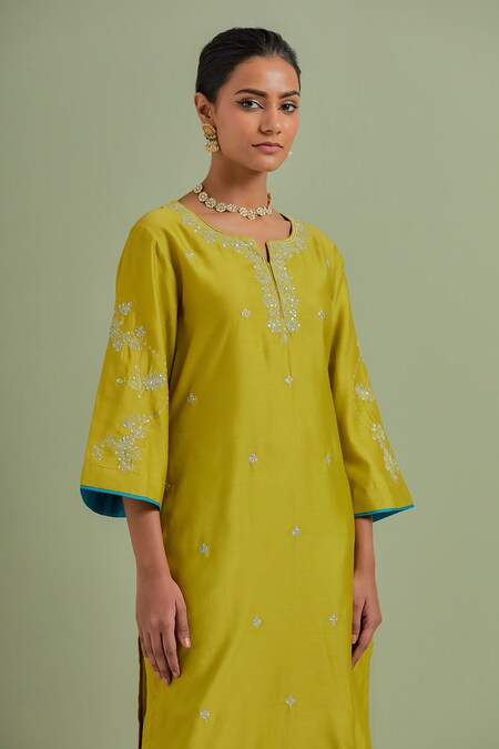 Lime-Green Chanderi Resham Embroidered Kurta & Dupatta with Lime-Green  Palazzo