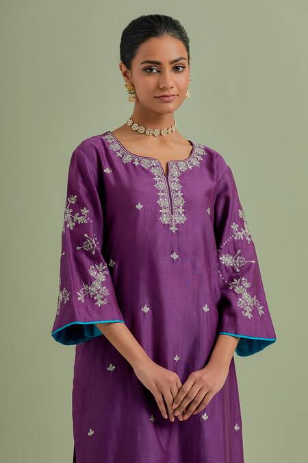 Buy_Priya Chaudhary_Purple Chanderi Silk Embroidery Round Neck Straight Kurta And Palazzo Set _Online_at_Aza_Fashions