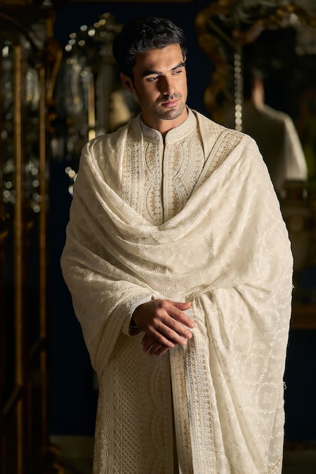 Shop Seema Gujral Beige Silk, Cotton Embroidery Floral Thread Sherwani Set Online at Aza Fashions Shop_Seema Gujral_Beige Silk, Cotton Embroidery Floral Thread Sherwani Set _Online_at_Aza_Fashions