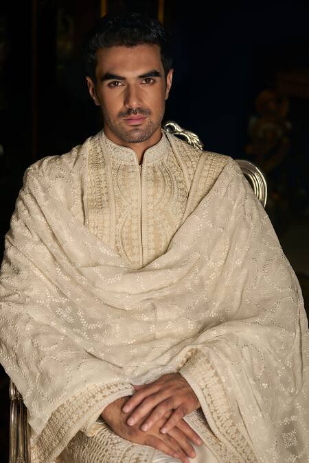 Seema Gujral Beige Silk, Cotton Embroidery Floral Thread Sherwani Set at Aza Fashions Seema Gujral_Beige Silk, Cotton Embroidery Floral Thread Sherwani Set _at_Aza_Fashions