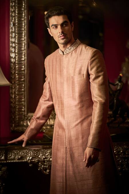 Seema Gujral_Brown Silk, Chanderi Embroidery, Zari Mandarin Collar Sherwani Set_Online_at_Aza_Fashions