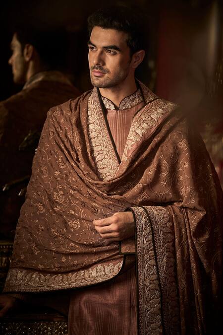Buy_Seema Gujral_Brown Silk, Chanderi Embroidery, Zari Mandarin Collar Sherwani Set_Online_at_Aza_Fashions