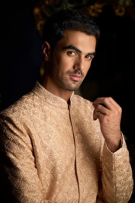 Buy Seema Gujral Peach Silk, Cotton Embroidery Scallop Thread Sherwani Set Online at Aza Fashions Buy_Seema Gujral_Peach Silk, Cotton Embroidery Scallop Thread Sherwani Set _Online_at_Aza_Fashions