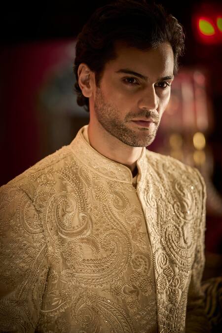 Seema Gujral_Cream Silk, Brocade Pearls, Cut Work, Beads, Thread And Embroidered Sherwani Set _Online_at_Aza_Fashions