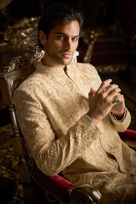 Buy_Seema Gujral_Cream Silk, Brocade Pearls, Cut Work, Beads, Thread And Embroidered Sherwani Set _Online_at_Aza_Fashions