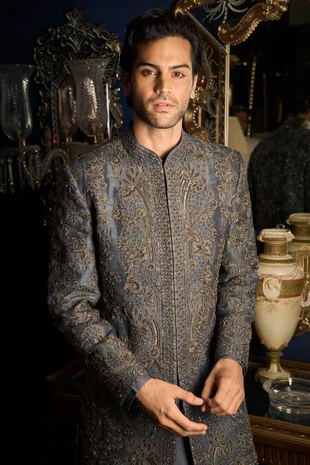 Buy_Seema Gujral_Grey Silk Embroidery, Zari, Sequins Thread And Cut Dana Sherwani Set _Online_at_Aza_Fashions