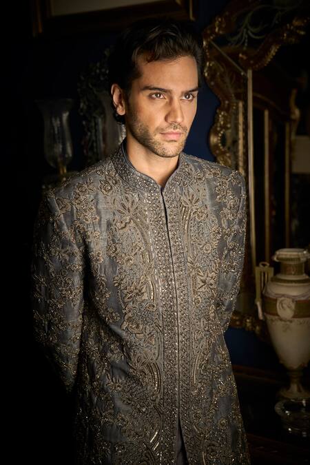 Shop_Seema Gujral_Grey Silk Embroidery, Zari, Sequins Thread And Cut Dana Sherwani Set _Online_at_Aza_Fashions