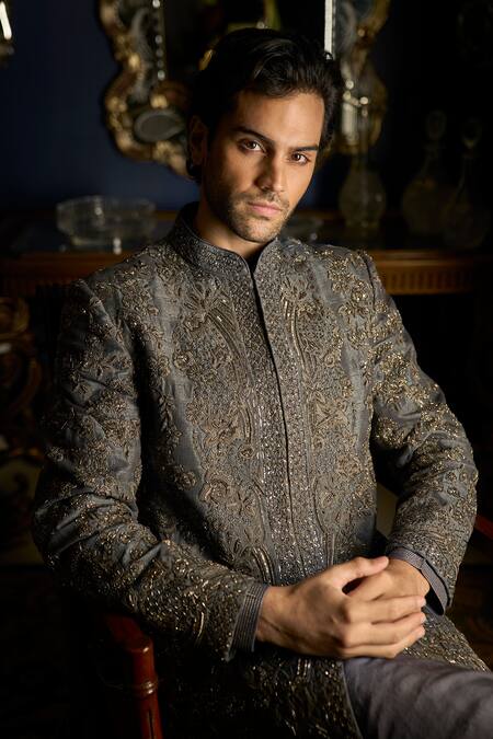 Seema Gujral_Grey Silk Embroidery, Zari, Sequins Thread And Cut Dana Sherwani Set _at_Aza_Fashions