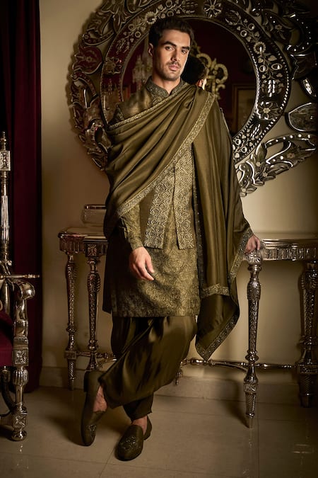 Shop Seema Gujral Green Tissue, Silk, Cotton Satin Embroidery Military Sequin Bundi Set at Aza Fashions Shop_Seema Gujral_Green Tissue, Silk, Cotton Satin Embroidery Military Sequin Bundi Set _at_Aza_Fashions