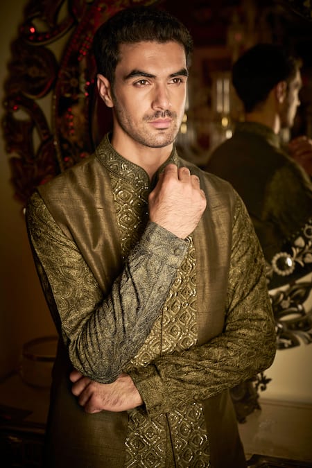 Seema Gujral Green Tissue, Silk, Cotton Satin Embroidery Military Sequin Bundi Set Online at Aza Fashions Seema Gujral_Green Tissue, Silk, Cotton Satin Embroidery Military Sequin Bundi Set _Online_at_Aza_Fashions