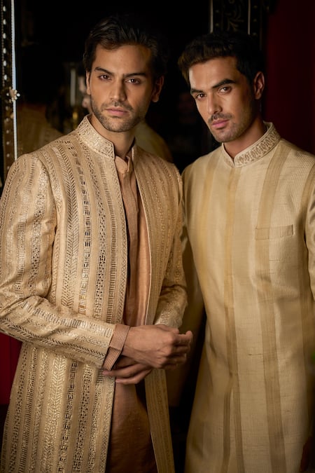 Seema Gujral Pink Silk, Cotton Embroidery, Lace Ribbon Sherwani Set Online at Aza Fashions Seema Gujral_Pink Silk, Cotton Embroidery, Lace Ribbon Sherwani Set _Online_at_Aza_Fashions