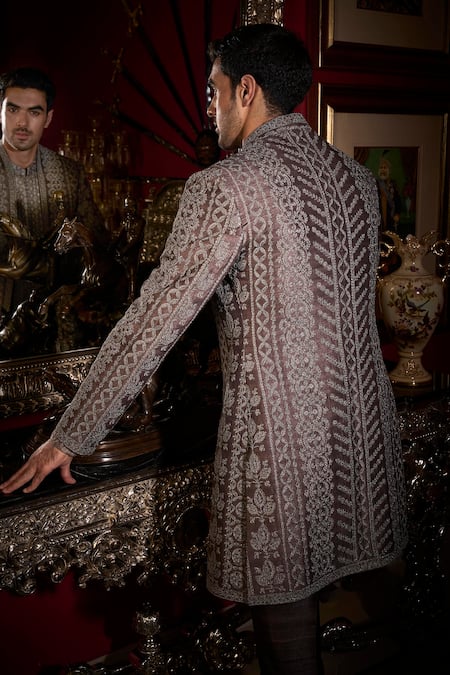 Shop Seema Gujral Grey Silk, Cotton Embroidery Dori Jacket And Kurta Set at Aza Fashions Shop_Seema Gujral_Grey Silk, Cotton Embroidery Dori Jacket And Kurta Set _at_Aza_Fashions