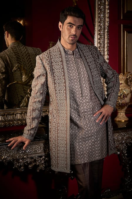 Seema Gujral Grey Silk, Cotton Embroidery Dori Jacket And Kurta Set Online at Aza Fashions Seema Gujral_Grey Silk, Cotton Embroidery Dori Jacket And Kurta Set _Online_at_Aza_Fashions