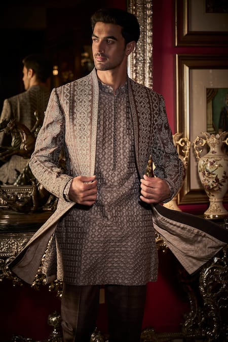 Shop Seema Gujral Grey Silk, Cotton Embroidery Dori Jacket And Kurta Set Online at Aza Fashions Shop_Seema Gujral_Grey Silk, Cotton Embroidery Dori Jacket And Kurta Set _Online_at_Aza_Fashions