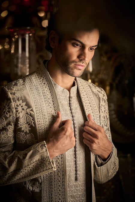 Seema Gujral_Grey Silk, Cotton, Polyester Embroidery, Diamonds Floral Jacket And Kurta Set _Online_at_Aza_Fashions