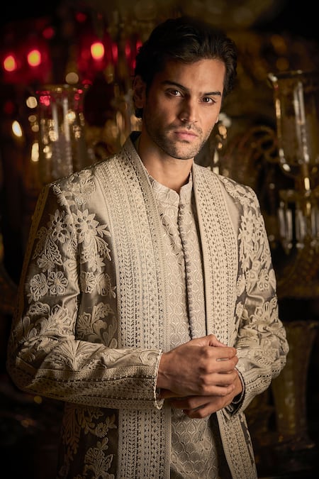 Buy_Seema Gujral_Grey Silk, Cotton, Polyester Embroidery, Diamonds Floral Jacket And Kurta Set _Online_at_Aza_Fashions