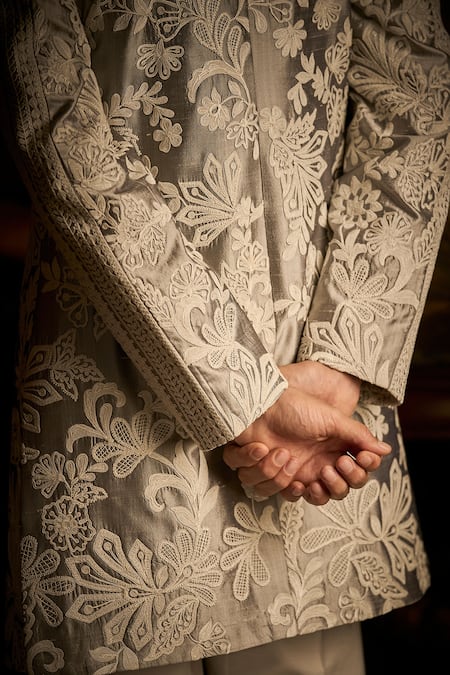 Shop_Seema Gujral_Grey Silk, Cotton, Polyester Embroidery, Diamonds Floral Jacket And Kurta Set _Online_at_Aza_Fashions