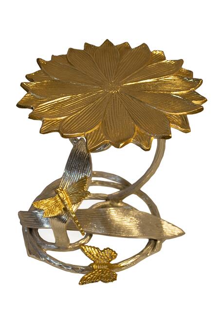 Shop Assemblage Gold Aluminium Casting Handmade Floral Pedestal Serving Platter at Aza Fashions Shop_Assemblage_Gold Aluminium Casting Handmade Floral Pedestal Serving Platter_at_Aza_Fashions