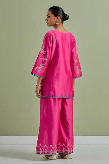 Shop Priya Chaudhary Pink Silk, Sequins, Cut Work, Short Kurta Palazzo Set at Aza Fashions Shop_Priya Chaudhary_Pink Silk, Sequins, Cut Work, Short Kurta Palazzo Set _at_Aza_Fashions