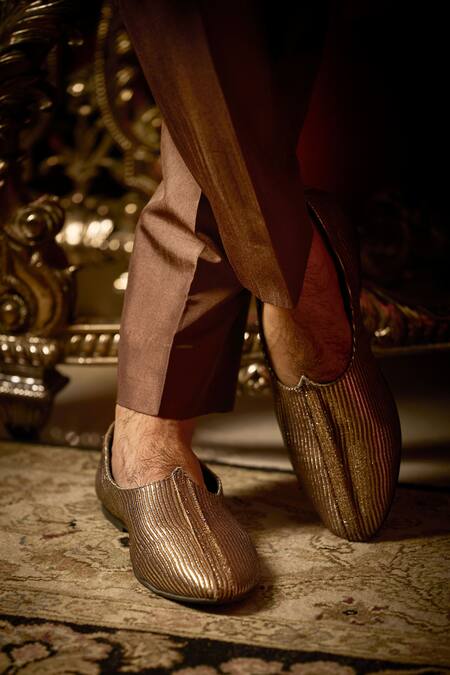 Shop_Seema Gujral_Brown Silk, Chanderi Embroidery, Zari Mandarin Collar Sherwani Set_Online_at_Aza_Fashions