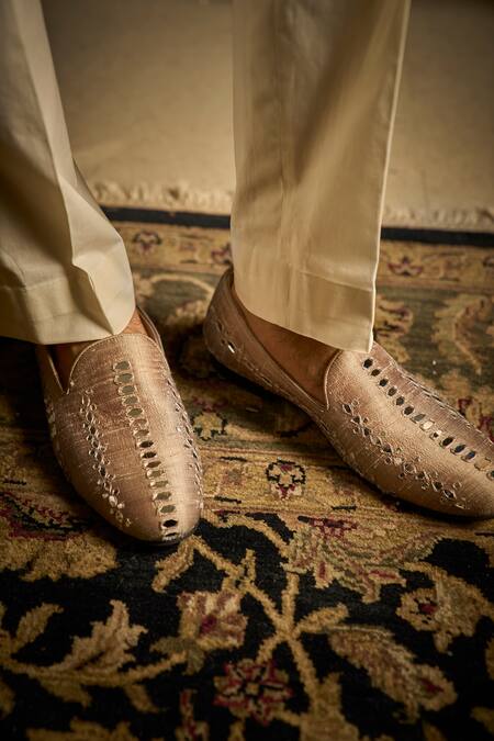 Buy_Seema Gujral_Brown Silk, Cotton Embroidery, Mirrors Sherwani Set _Online_at_Aza_Fashions