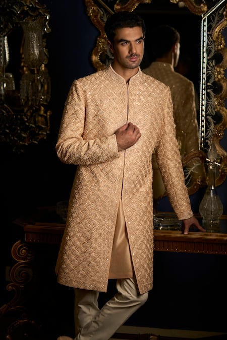 Seema Gujral Peach Silk, Cotton Embroidery Scallop Thread Sherwani Set Online at Aza Fashions Seema Gujral_Peach Silk, Cotton Embroidery Scallop Thread Sherwani Set _Online_at_Aza_Fashions