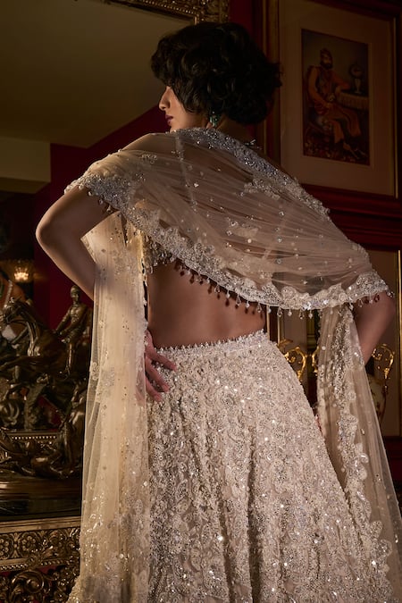 Shop_Seema Gujral_White Net Crystals, Sequins, Beads, Embroidery Sweetheart Bridal Lehenga Set _at_Aza_Fashions