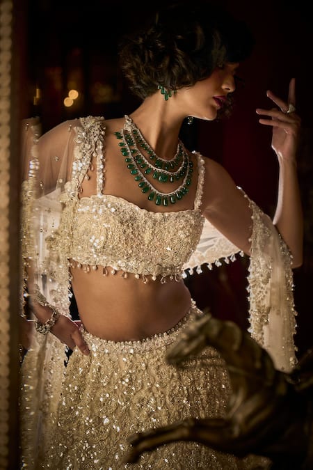 Seema Gujral_White Net Crystals, Sequins, Beads, Embroidery Sweetheart Bridal Lehenga Set _Online_at_Aza_Fashions