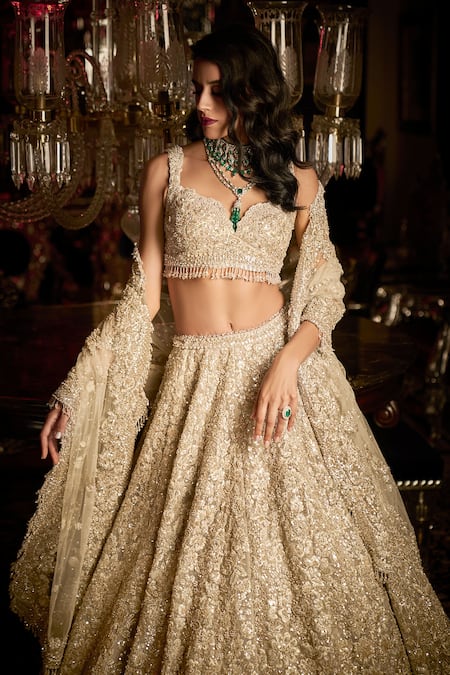 Seema Gujral_Silver Net Crystals, Pearls, Embroidery Sweetheart Botanical Bridal Lehenga Set_Online_at_Aza_Fashions
