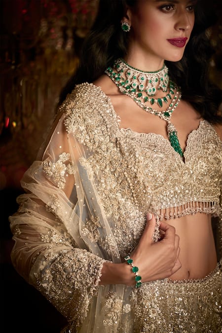 Buy_Seema Gujral_Silver Net Crystals, Pearls, Embroidery Sweetheart Botanical Bridal Lehenga Set_Online_at_Aza_Fashions