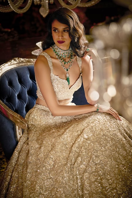 Seema Gujral_Silver Net Crystals, Pearls, Embroidery Sweetheart Botanical Bridal Lehenga Set_at_Aza_Fashions