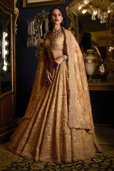 Buy_Seema Gujral_Gold Net Crystals, Sequins, Beads, Embroidery Flower Bridal Lehenga Set _Online_at_Aza_Fashions