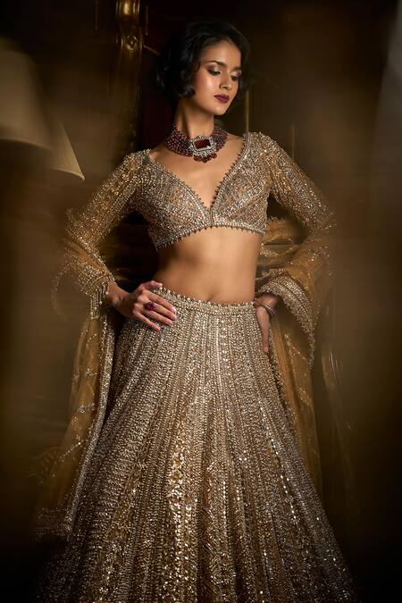 Buy_Seema Gujral_Gold Net Beads, Pearls, Sequins Plunge Mirror And Embroidered Bridal Lehenga Set_Online_at_Aza_Fashions