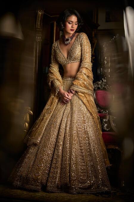 Shop_Seema Gujral_Gold Net Beads, Pearls, Sequins Plunge Mirror And Embroidered Bridal Lehenga Set_Online_at_Aza_Fashions
