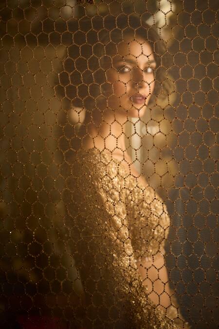 Seema Gujral_Gold Net Beads, Pearls, Sequins Plunge Mirror And Embroidered Bridal Lehenga Set_at_Aza_Fashions