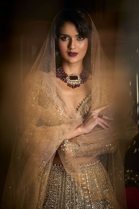 Shop_Seema Gujral_Gold Net Beads, Pearls, Sequins Plunge Mirror And Embroidered Bridal Lehenga Set
