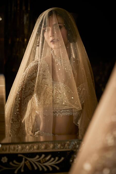 Seema Gujral_Beige Net Crystals, Embroidery, Beads, Sequins Sweetheart And Bridal Lehenga Set_at_Aza_Fashions