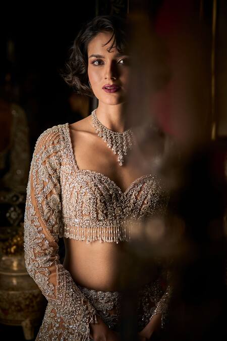 Buy_Seema Gujral_Beige Net Crystals, Embroidery, Beads, Sequins Sweetheart And Bridal Lehenga Set