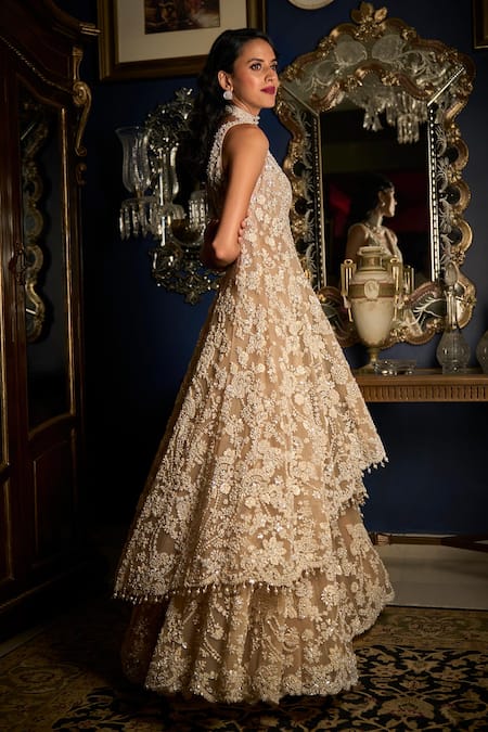 Seema Gujral Ivory Net Pearls, Sequins, Beads V-neck And Embroidered Jacket Sharara Set Online at Aza Fashions Seema Gujral_Ivory Net Pearls, Sequins, Beads V-neck And Embroidered Jacket Sharara Set _Online_at_Aza_Fashions