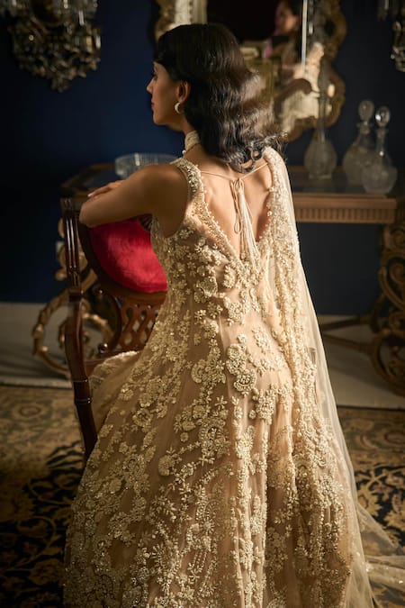 Shop Seema Gujral Ivory Net Pearls, Sequins, Beads V-neck And Embroidered Jacket Sharara Set Online at Aza Fashions Shop_Seema Gujral_Ivory Net Pearls, Sequins, Beads V-neck And Embroidered Jacket Sharara Set _Online_at_Aza_Fashions