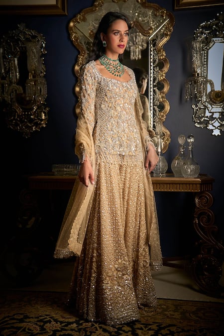 Buy_Seema Gujral_Beige Net Sequins, Fringe, Embroidery, Beads Cut Dana And Kurta Sharara Set _Online_at_Aza_Fashions