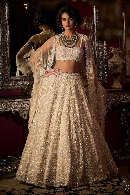 Buy_Seema Gujral_White Net Crystals, Sequins, Beads, Embroidery Sweetheart Bridal Lehenga Set _Online_at_Aza_Fashions