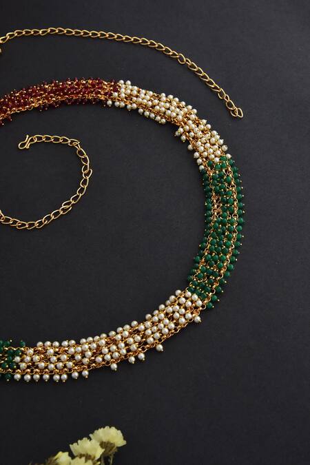 Shop_Swabhimann_Gold Plated Pearl Embellished Beaded Kamarbandh _Online_at_Aza_Fashions