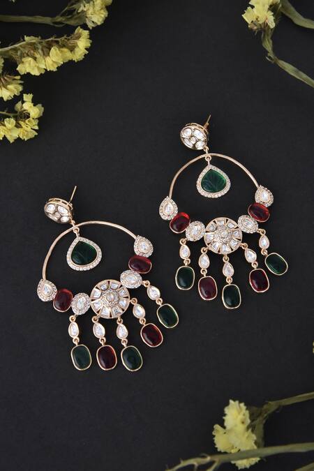 Buy_Swabhimann_Gold Plated Embroidery, Diamonds Polki Embellished Earrings _Online_at_Aza_Fashions