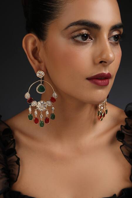 Shop_Swabhimann_Gold Plated Embroidery, Diamonds Polki Embellished Earrings _Online_at_Aza_Fashions