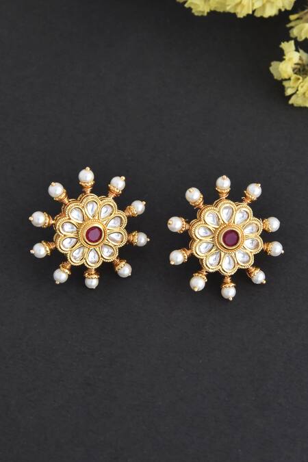 Shop_Swabhimann_Gold Plated Embroidery, Stones Floral Kundan Embellished Stud Earrings _at_Aza_Fashions