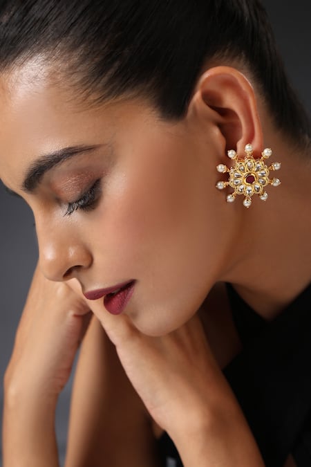 Swabhimann_Gold Plated Embroidery, Stones Floral Kundan Embellished Stud Earrings _Online_at_Aza_Fashions