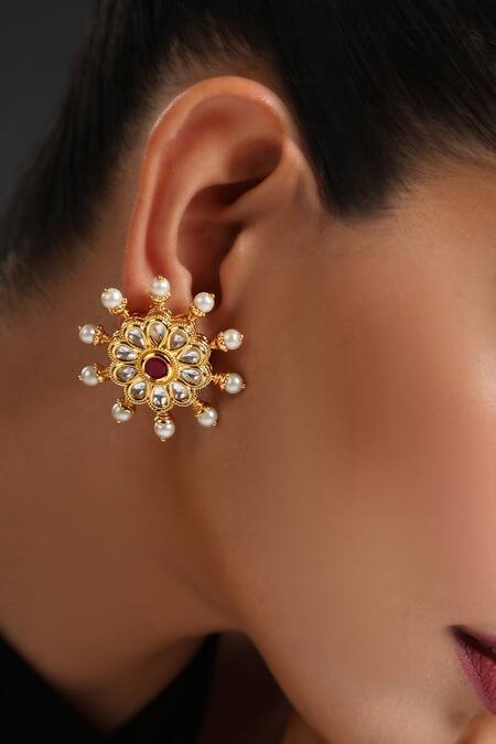 Buy_Swabhimann_Gold Plated Embroidery, Stones Floral Kundan Embellished Stud Earrings _Online_at_Aza_Fashions