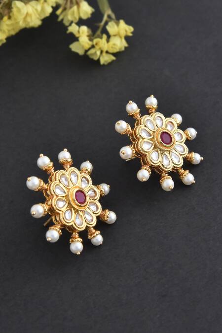 Shop_Swabhimann_Gold Plated Embroidery, Stones Floral Kundan Embellished Stud Earrings _Online_at_Aza_Fashions