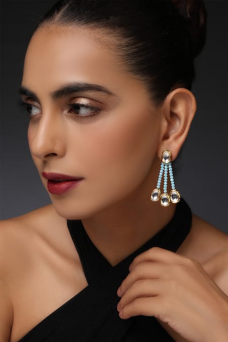 Swabhimann Gold Plated Embroidery, Beads Kundan Embellished Dangler Earrings 